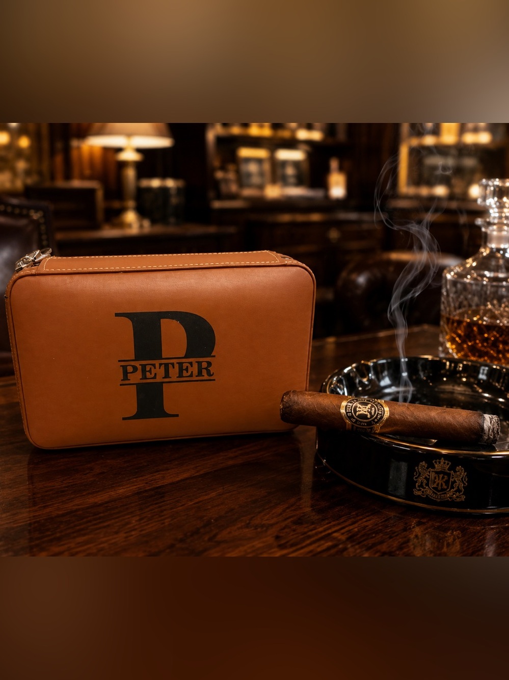 ♥️ NEW! Personalized “Peter” Cigar Humidor Travel Case Set | Cedar Wood & Cutter